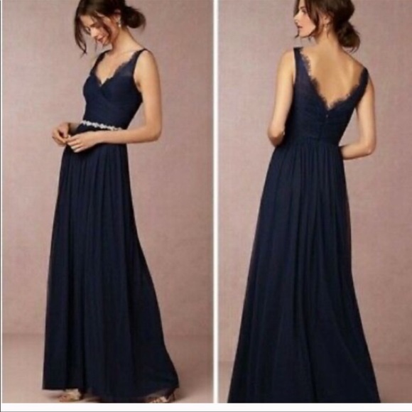 BHLDN Dresses & Skirts - BHLDN Hitherto Fleur Navy Blue Lace V-Neck Maxi Tulle Dress